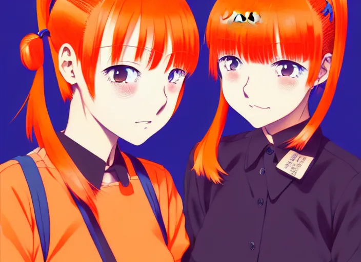 Image similar to anime girl with orange short hair in the form of two pigtails in the Soviet pioneer form,omoide emanon, tsuruta kenji, murata range,kawaii, kyoto animation, manga,katsura masakazu, intricate, detailed, studio lighting, gradation,editorial illustration, matte print, Ilya Kuvshinov