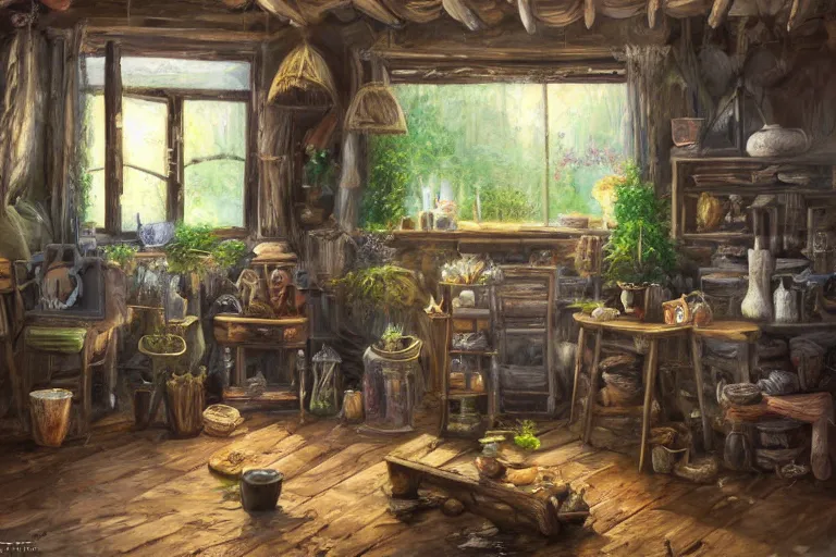 Image similar to expressive rustic oil painting, interior view of a cluttered herbalist cottage, waxy candles, wood furnishings, herbs hanging, light bloom, dust, ambient occlusion, rays of light coming through windows, dim lighting, brush strokes oil painting