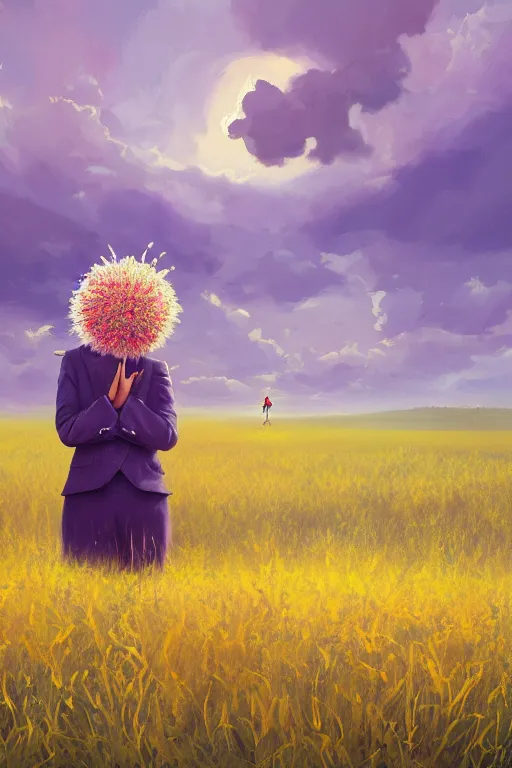 Image similar to portrait, enormous thistle flower under head, a girl in a suit in field of flowers, surreal photography, sunrise, blue sky, dramatic light, impressionist painting, digital painting, artstation, simon stalenhag