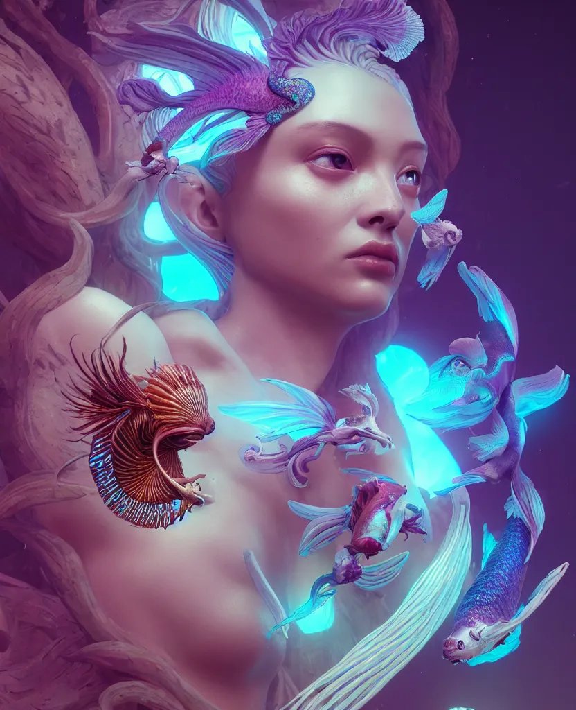 Image similar to goddess close-up portrait. orchid bird phoenix head, nautilus, skull, betta fish, bioluminiscent creatures, intricate artwork by Tooth Wu and wlop and beeple. octane render, trending on artstation, greg rutkowski very coherent symmetrical artwork. cinematic, hyper realism, high detail, octane render, 8k