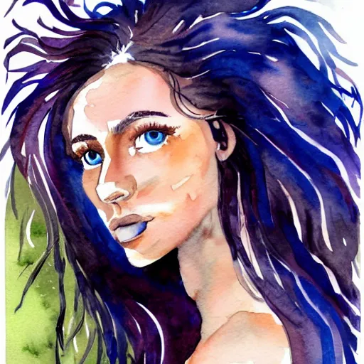 Image similar to outdoor portrait of a very beautiful young woman with gorgeous eyes, high cheek bones, flowing hair, incredible watercolor painting