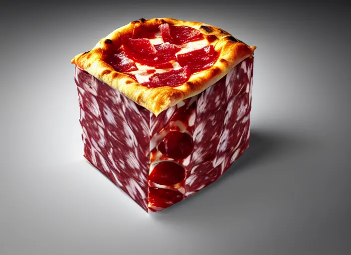 Image similar to clear highly detailed photorealistic food photograph of a big ice cube inside the cube a pizza with salami and pepperoni, the cube refracts the sunlight, volumetric