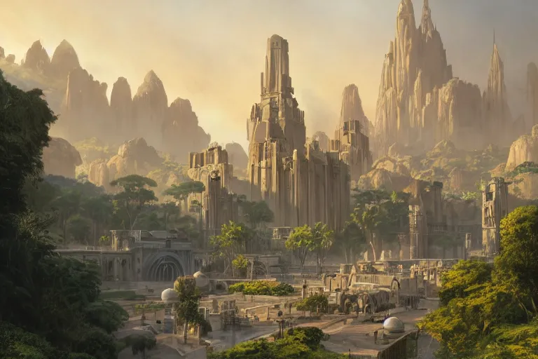 Prompt: city of theed on the planet naboo, star wars matte painting, long shot, concept art, wide shot, digital art, trending on artstation, 4 k, extremely detailed, realistic, midday, warm colors, golden sunlight, by greg rutkowski, cinematic, epic