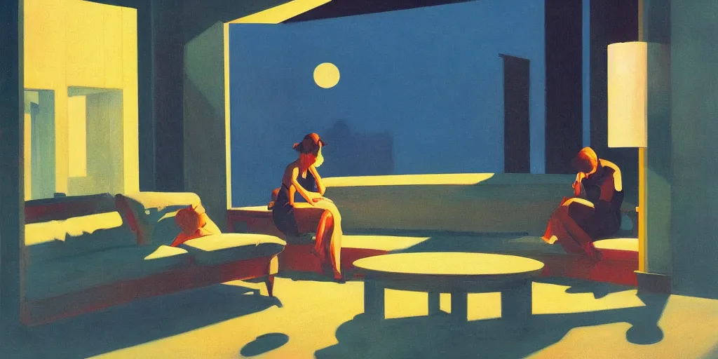 Image similar to incredible full page illustration, moon hitting earth, Edward Hopper and James Gilleard Zdzis