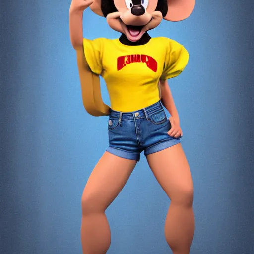 Image similar to 3 d render, portrait, upper body shot, mid shot, anthropomorphic mouse, female, wearing denim short shorts and a off yellow tank top shirt, in the style of rescue rangers