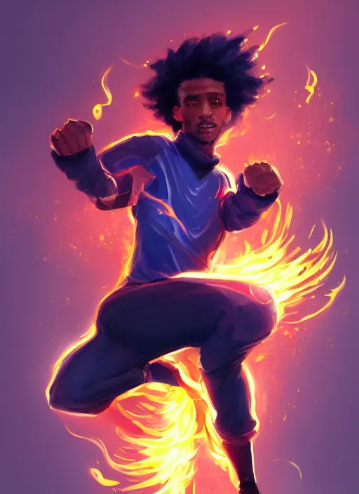 Prompt: a highly detailed illustration of young black guy with tall hair wearing tracksuit with flaming feet, heroic kicking pose, intricate, elegant, highly detailed, centered, digital painting, artstation, concept art, smooth, sharp focus, league of legends concept art, wlop