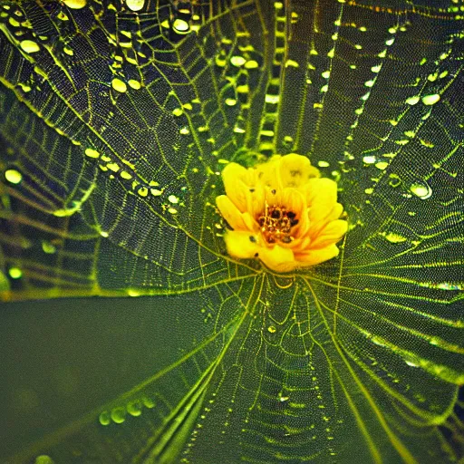 Prompt: A macro photo of a beautiful yellow flower, in the middle is a web camera and USB port, computer ports, biotech, petals fill the image, water droplets glisten, dew, bokeh, luscious green foliage