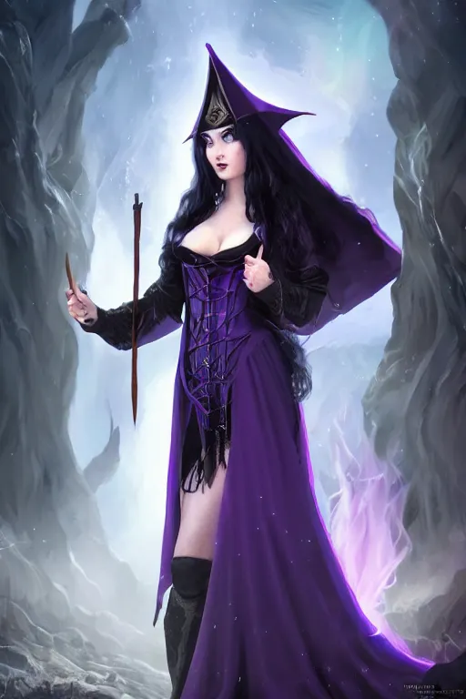 Prompt: Pretty Sorceress, wearing Black and purple robes, Dark blue hair, magic wooden staff, fully covered, corset, Dark fantasy, romantic lead, pretty face, trending by artstation, artstationhd, artstationhq, matte painting, 8k UHD