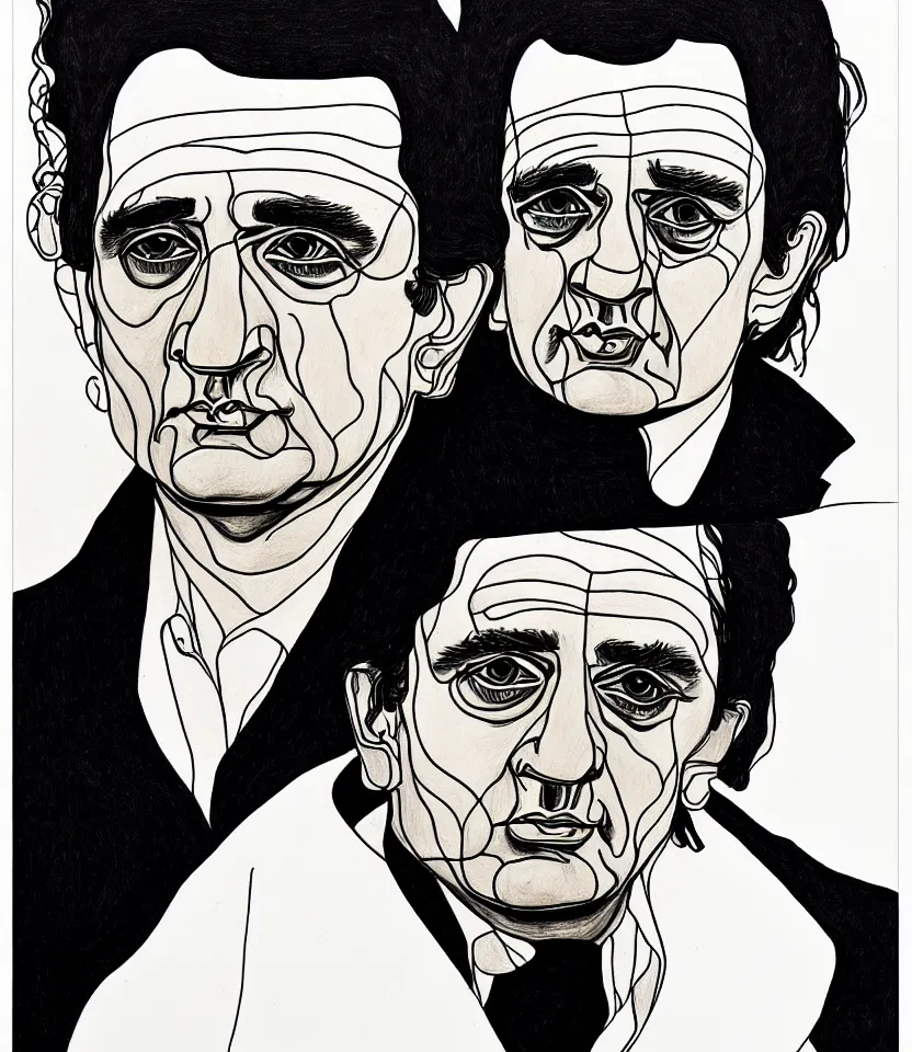 Prompt: detailed line art portrait of johnny cash, inspired by egon schiele. contour lines, musicality, twirls, curls, curves, confident personality