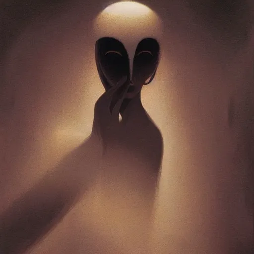 Image similar to dark shrouded woman performing ethereal ritual, expanding energy, epic surrealism by Edward Hopper and James Gilleard, Zdzislaw Beksinski, Katsuhuro Otomo highly detailed