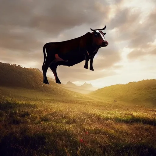 Image similar to digital art, trending on artstation, a cow wearing a cape flying in the sky with clouds