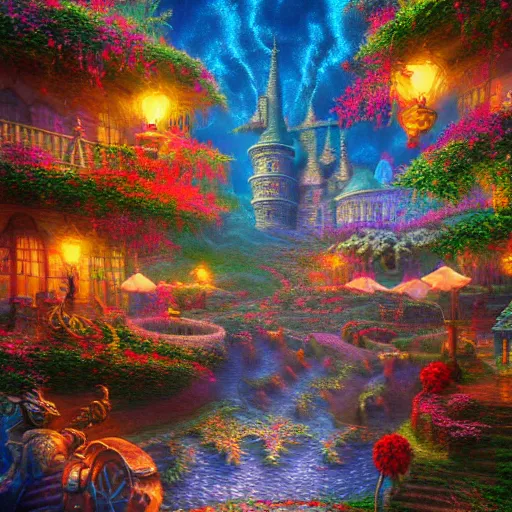 Prompt: intricate five star fantasia land by greg kutkowski and thomas kinkade, oil on canvas, hdr, high detail, photo realistic, hyperrealism, matte finish, high contrast, 3 d depth, centered, masterpiece, vivid and vibrant colors, enhanced light effect, enhanced eye detail, artstationhd