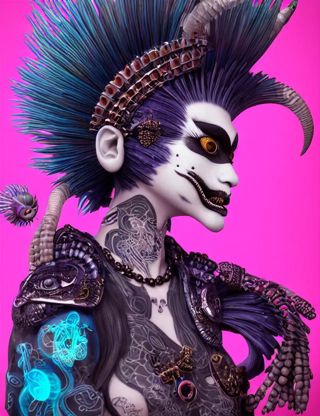 Image similar to 3 d goddess close - up profile portrait punk with mohawk with ram skull. beautiful intricately detailed japanese crow kitsune mask and clasical japanese kimono. betta fish, jellyfish phoenix, bio luminescent, plasma, ice, water, wind, creature, artwork by tooth wu and wlop and beeple and greg rutkowski