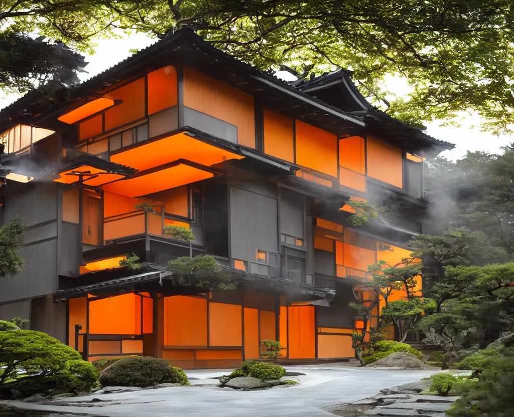 Prompt: real estate photo of the exterior of a futuristic japanese house with traditional japanese garden, dramatic lighting, smoke, ceiling fluorescent lighting, black and orange colour palette, wide shot, twinmotion render
