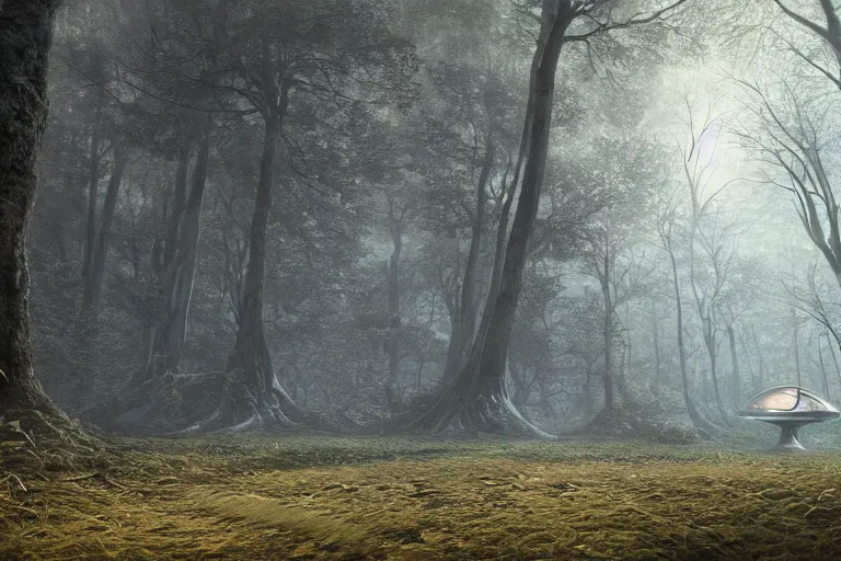 Image similar to ufo in a forest, concept art, intricate details, eerie, highly detailed, photorealistic, octane render, 8 k, unreal engine. art by zdzisław beksinski