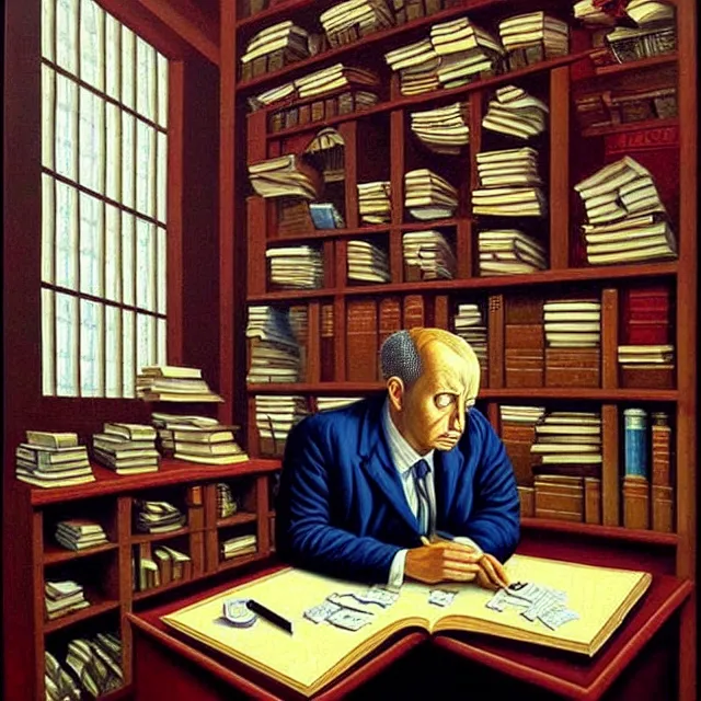 Image similar to an oil on canvas portrait of a business man in his office studying, surrealism, surrealist, cosmic horror, rob gonsalves, high detail