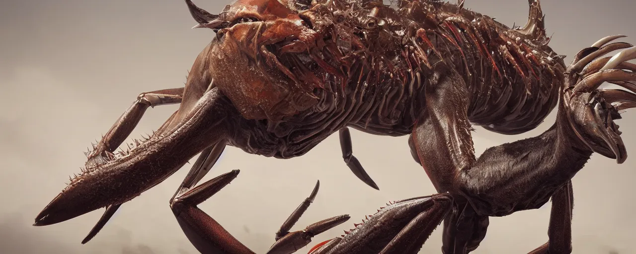 Image similar to creature design, a gazelle with crustacean carapace, crab picers, palp eyes, cryptid, cinematic lighting, octane render, cinematic aura lighting, atmospheric, photorealistic, hyperdetailed 3 d matte painting, hyperrealism, hyperrealistic