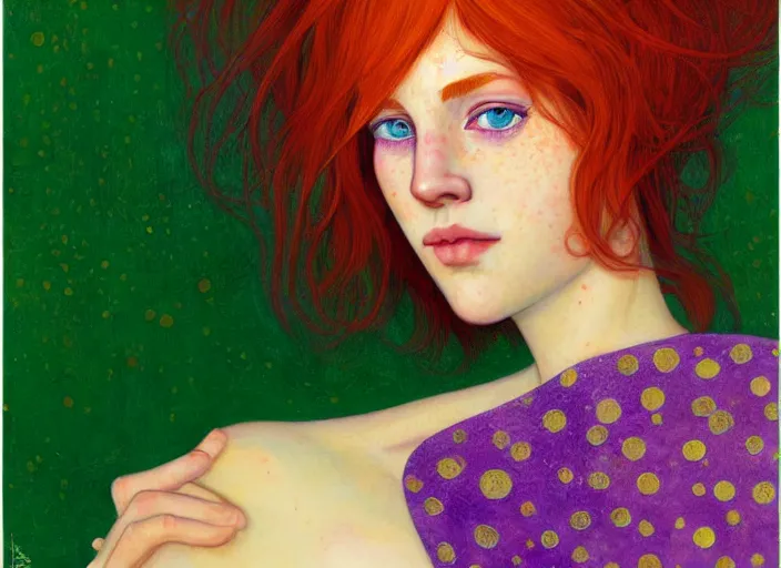 Image similar to portrait Girl with orange hair and freckles, green eyes, fine face pretty face, purple background, fine details, by Ilya Kuvshinov and Gustav Klimt
