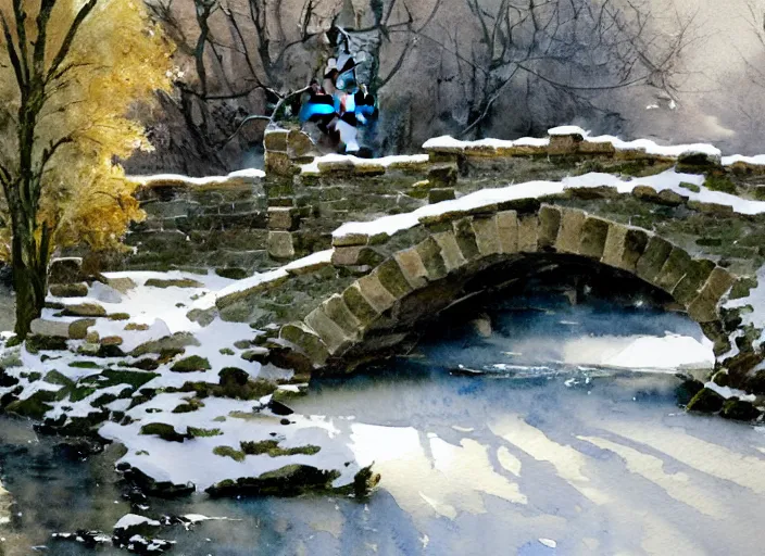 Prompt: watercolor of rustic stone bridge with mural, ivy, in winter landscape, glistering, high detailed art by dennis miller bunker, work by anders zorn, wonderful masterpiece by greg rutkowski, beautiful cinematic light, american romanticism by greg manchess, creation by tyler edlin