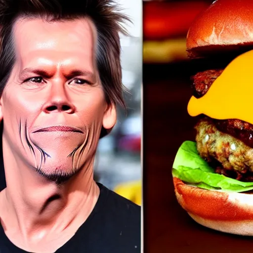 Image similar to kevin bacon face wrapped inside a cheeseburger