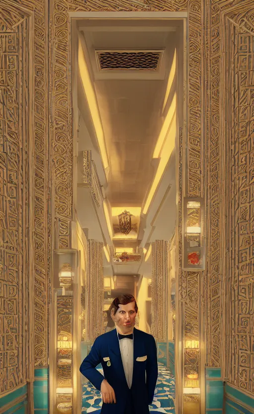 Image similar to a young man explores the halls and foyer of a grand old art deco hotel, meeting its eclectic guests. film poster. wes anderson. golden light. collage. photorealistic. octane render. cinematic. trending on artstation. textless.