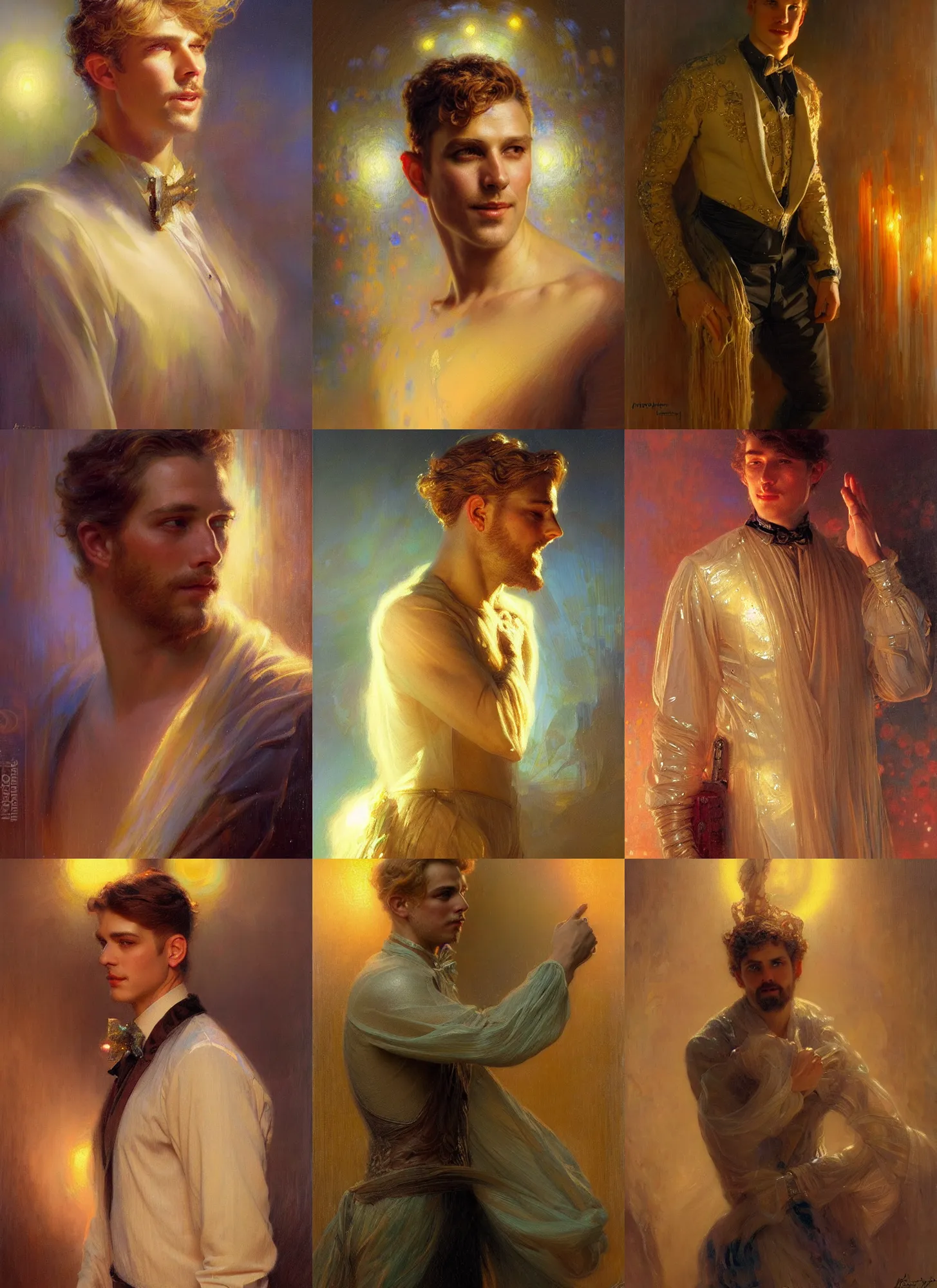 Prompt: portrait of a handsome man dressed in a transparent costume, head shoot, art by alex heywood and gaston bussiere, albert lynch, fantasy art, reimagined by industrial light and magic, oil on canvas, hd