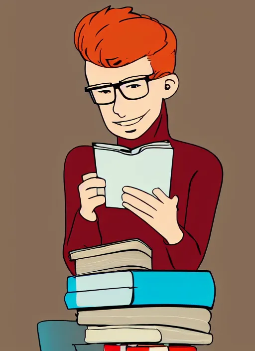 Prompt: a young man with red hair in a bun and glasses sits on top of a tall pile of books. he is reading. clean pretty cartoon painting, cel shaded, beautiful detailed face.