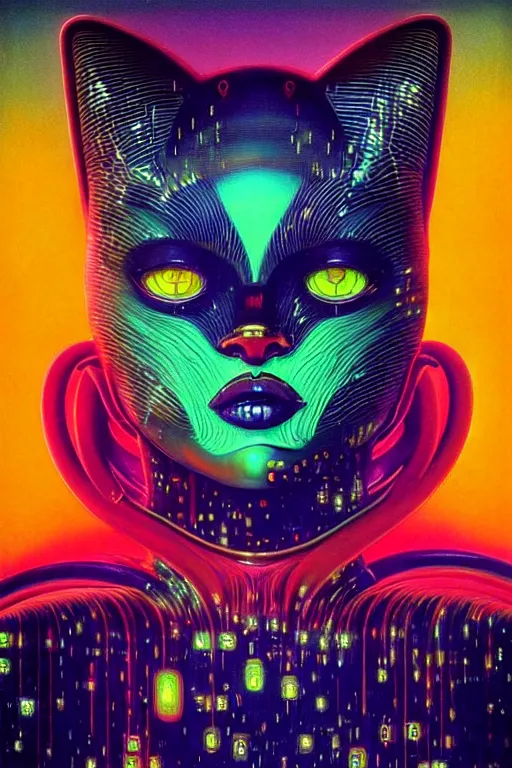 Image similar to 8 0 s art deco close up portait of cyber cat, rain like a dream oil painting curvalinear clothing cinematic dramatic cyberpunk textural fluid lines otherworldly vaporwave interesting details fantasy lut epic composition by basquiat zdzisław beksinski james jean artgerm rutkowski moebius francis bacon gustav klimt