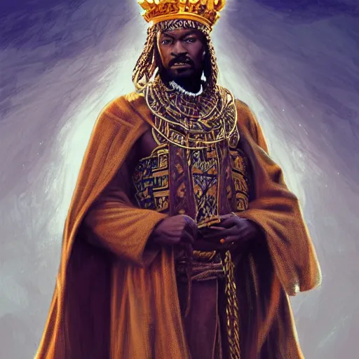 Prompt: an african king wearing a robe made from a lion pelt and a gleaming crown of light, kemetic, D&D, fantasy, intricate, elegant, highly detailed, digital painting, artstation, concept art, matte, sharp focus, illustration, art by Artgerm and Greg Rutkowski and Alphonse Mucha