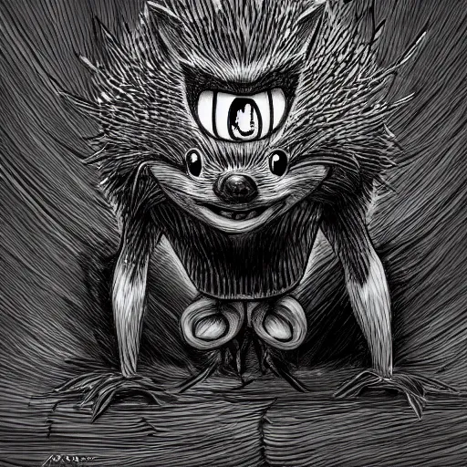 Image similar to low angle shot of a horrifying sonic the hedghehog, by Junji ito, intricate, elegant, highly detailed, centered, digital painting, artstation, concept art, smooth