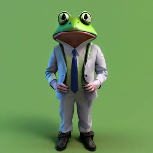 Image similar to a high quality photo of an antropomorphic frog wearing a suit, 3d scene, render, ultra realistic, artstation, cgsociety