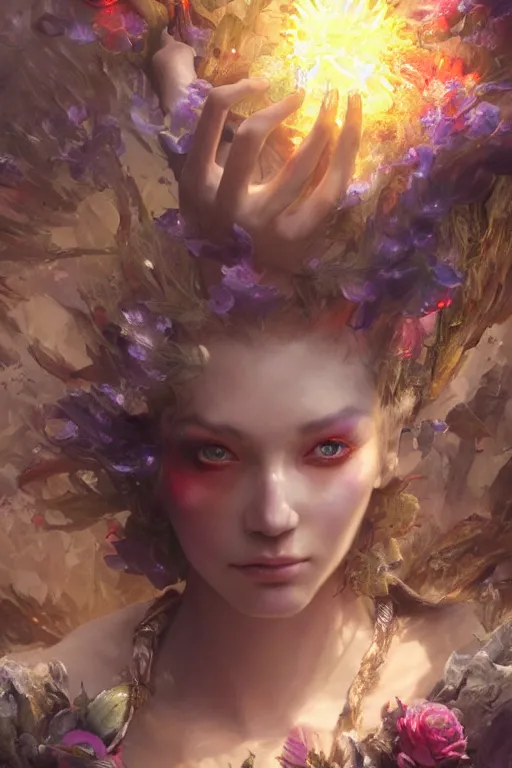 Prompt: face closeup of beautiful girl necromancer, magical fairy exploding into flowers and ice, angels, 3 d render, hyper - realistic detailed portrait, holding fire and electricity rainbow, ruan jia, wlop. scifi, fantasy, magic the gathering, hyper detailed, octane render, concept art, peter mohrbacher