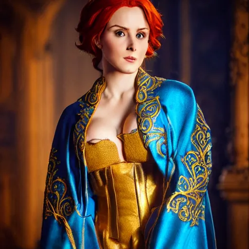 Prompt: Triss Merigold cosplay, beautiful ornate blue and gold robe, golden ornamental leaf shaped festoon, warmly lit posh study, cinematic dramatic lighting, gorgeous young female supermodel, highly detailed