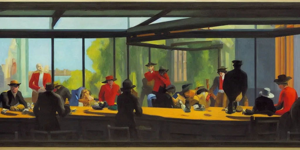 Prompt: painting, view from inside edward hopper's painting nighthawks, of a group of werebears robbing a bank, by magrirre, by neo rauch