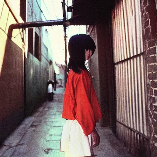 Image similar to 1990s perfect 8K HD professional cinematic photo of close-up japanese schoolgirl posing in sci-fi dystopian alleyway at evening, at instagram, Behance, Adobe Lightroom, with instagram filters, depth of field, taken with polaroid kodak portra