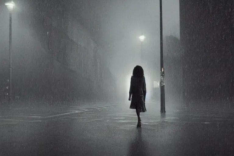 Image similar to vfx beautiful black woman photo real, sci-fi city street night lighting, rain and fog by Emmanuel Lubezki