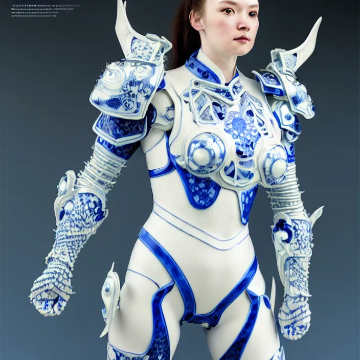 Image similar to porcelain cyborg armor, Chinese Blue and white porcelain 24th century, diffuse lighting, fantasy, intricate, elegant, highly detailed, lifelike, photorealistic, digital painting, artstation, illustration, concept art, smooth, sharp focus, art by John Collier and Albert Aublet and Krenz Cushart and Artem Demura and Alphonse Mucha