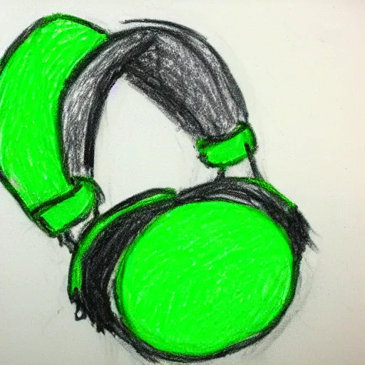 Prompt: crayon drawing of a kid with green headphones drawn by a 6 year old, photorealistic