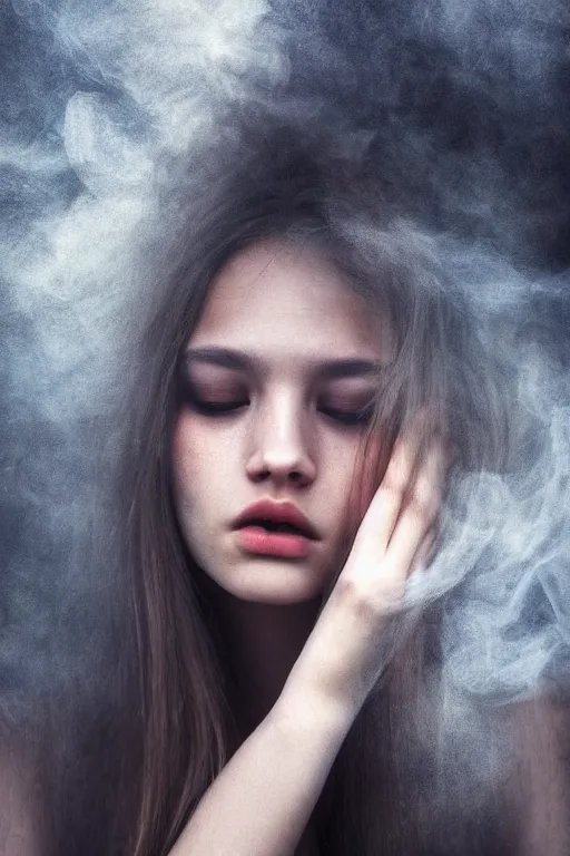 Prompt: inside a soul of a gorgeous young girl , searching for eternity, smoke out of her eyes, minimalistic dark forest, intricate ligtning, rear light, spotlight in the style of stefan kostic, realistic, sharp focus, 8k high definition, high fashion, vogue, insanely detailed, soft light, colorful smoke, intricate, elegant, art by stanley lau and artgerm, sigma 85mm art