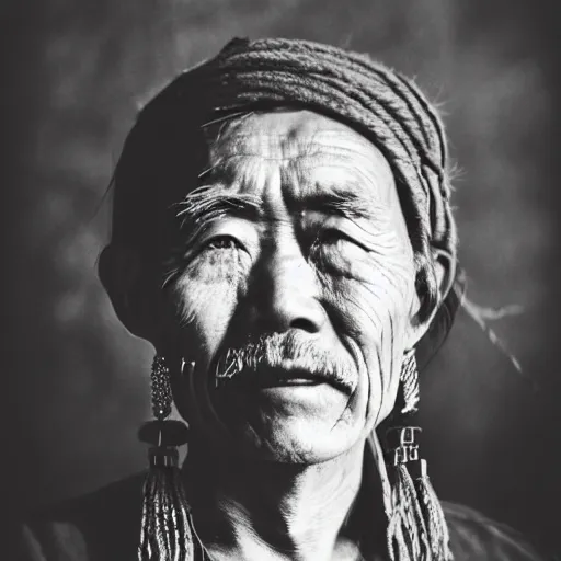 Prompt: black and white old photo of a hippie Chinese man, portrait, high detail, earrings, tattoos