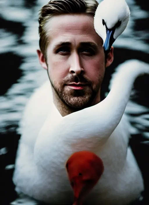 Image similar to ryan gosling fused with a white goose, natural light, bloom, detailed face, magazine, press, photo, steve mccurry, david lazar, canon, nikon, focus