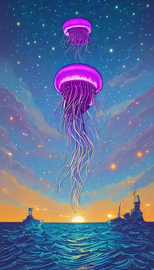 Image similar to The luminous jellyfish floating in starlit sunset sky, italian futurism, Dan Mumford, da vinci, Josan Gonzalez