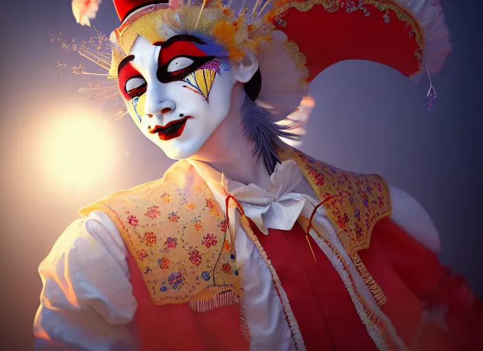 Prompt: award winning digital art of a magnificent pierrot jester wearing a traditional pierrot outfit, performing at a magnificent carnival, beautiful background, trending artstation, digital art, aesthetic, bloom, intricate, elegant, sharp focus, digital illustration, highly detailed, octane render, digital painting, concept art, witchlight carnival, masterpiece