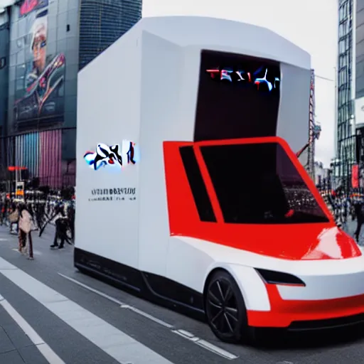 Prompt: tesla cybertruck parked in Shibuya crossing, synthwave