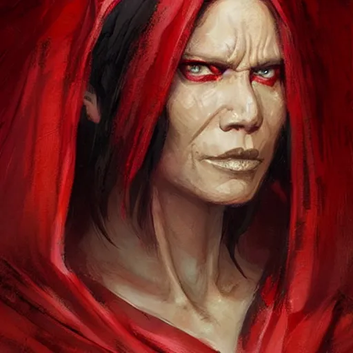 Image similar to portrait of a woman by greg rutkowski, jedi queen, half asian, black bob hair, star wars expanded universe, she is about 5 0 years old, wearing jedi red robes.