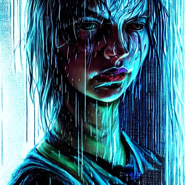 Image similar to bright asthetic portrait LSD glowing backlit rain on face and wet hair, cyberpunk, overhead lighting, fantasy, intricate, elegant, dramatic lighting, highly detailed, lifelike, photorealistic, digital painting, artstation, illustration, concept art, smooth, sharp focus, art by John Collier and Albert Aublet and Krenz Cushart and Artem Demura and Alphonse Mucha