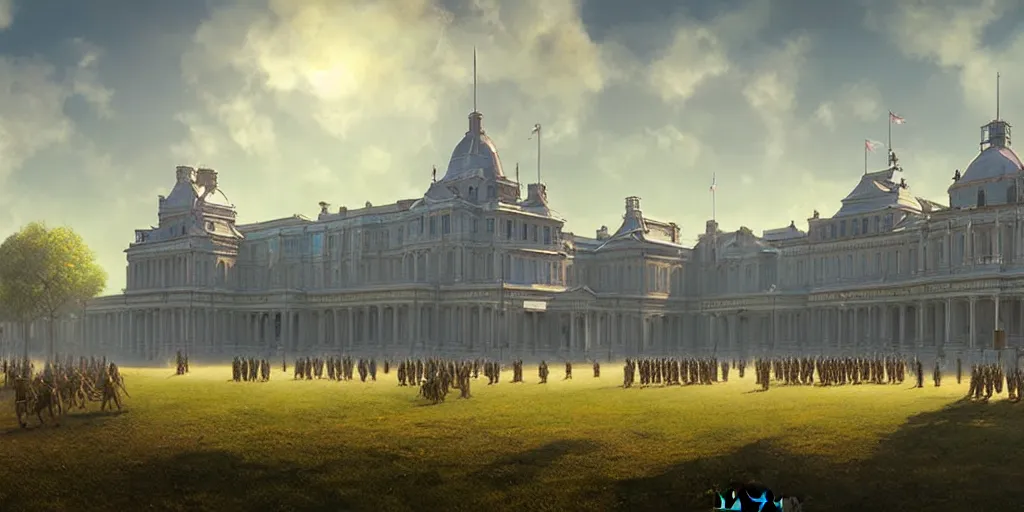 Image similar to a victorian army parade ground, grand building, blue sky, sunny, detailed, volumetric, cinematic lighting, realistic, digital art by greg rukowski