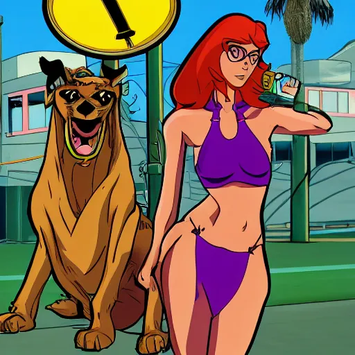Image similar to Scooby Doo in GTA 5, cover art by stephen Bliss, no text, girls in bikinis in the background, holding a gun, trending on artstation