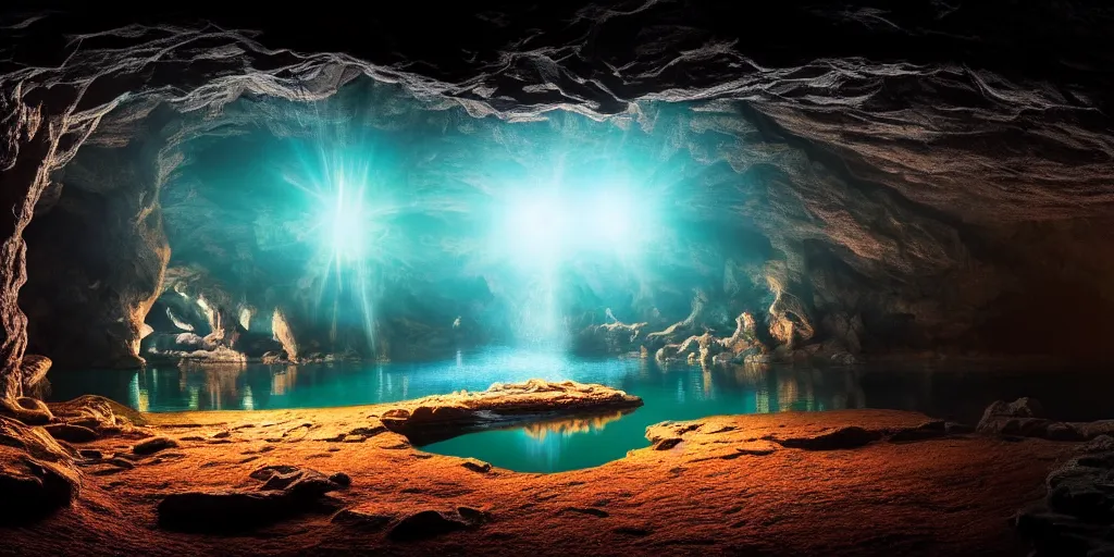 Image similar to lake in underground cave landscape. cave. cavern. fantasy magic style. highly detailed 8 k. intricate. lifelike. epic. movie poster. soft light. volumetric light. sony a 7 r iv 5 5 mm. cinematic post - processing