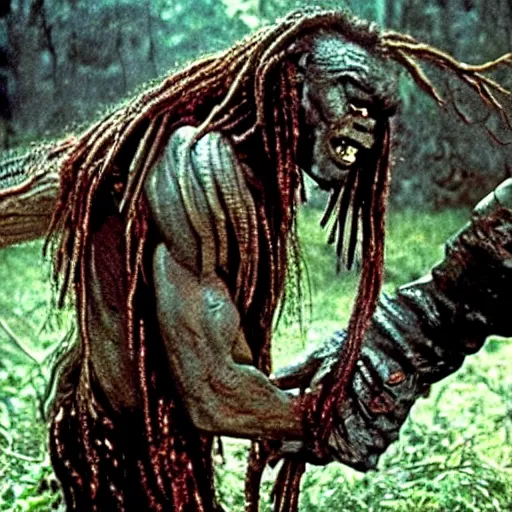 Image similar to forest gump replaced by a monster from the movie predator, still movie shot